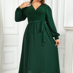 Plus Size Surplice Neck Tie Waist Long Sleeve Midi Dress